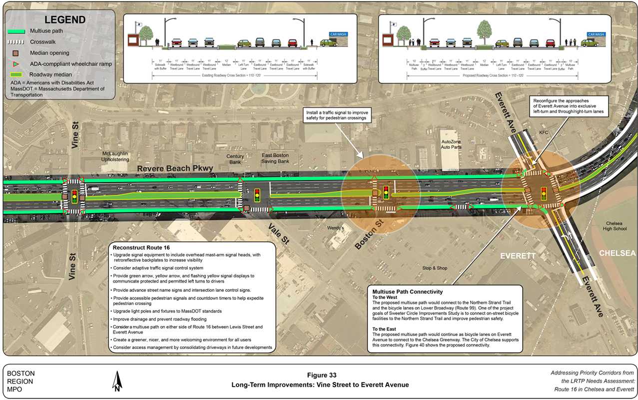 Figure 33
Long-Term Improvements: Vine Street to Everett Avenue
Figure 33 is an aerial photo of Route 16 showing long-term improvements from Vine Street to Everett Avenue.
Figure 33
Long-Term Improvements: Vine Street to Everett Avenue
Figure 33 is an aerial photo of Route 16 showing long-term improvements from Vine Street to Everett Avenue.